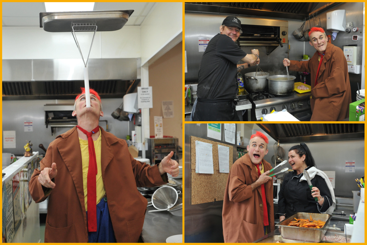 A collage of images of Tweedy helping out in the kitchen with Cheltenham Open Door team.